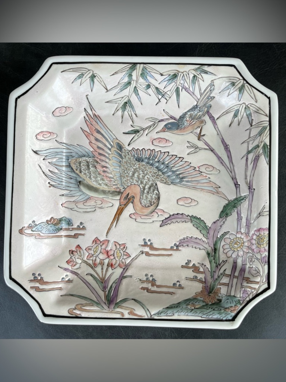 Vintage Asian Hand-Painted Ceramic Plate 8” Square 1” Height